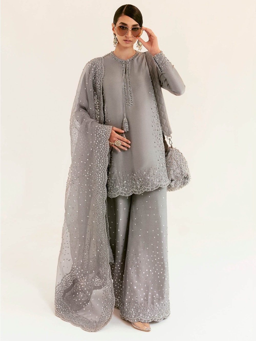 Hussain Rehar Embellished Grey Wide-Leg Pants & Tunic Set